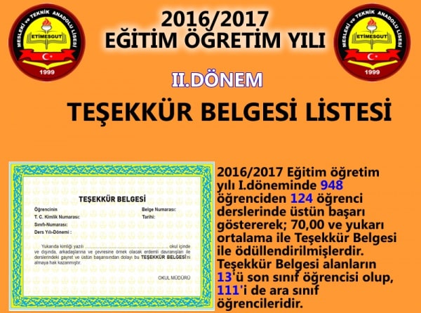 TEŞEKKÜR BELGESİ 2016 2017 2.DÖNEM
