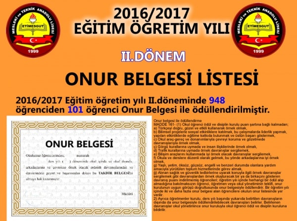 ONUR BELGESİ 2016 2017 2.DÖNEM