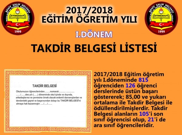TAKDİR BELGESİ LİSTESİ 2017-2018 1.DÖNEM