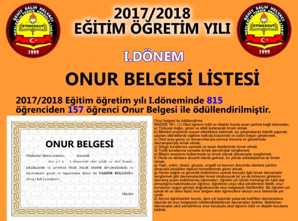 ONUR BELGESİ LİSTESİ 2017-2018 1.DÖNEM