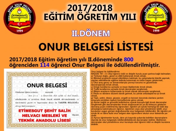 ONUR BELGESİ LİSTESİ 2017-2018 2.DÖNEM