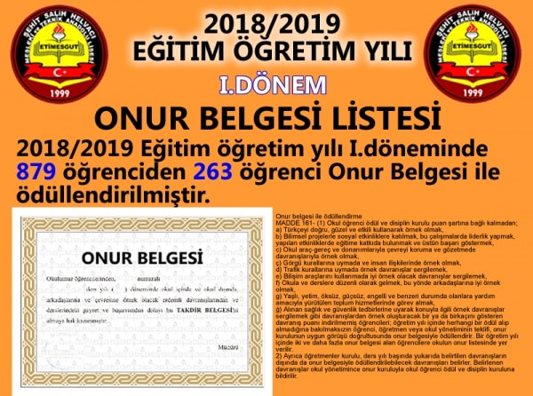 ONUR BELGESİ LİSTESİ 2018-2019 1.DÖNEM